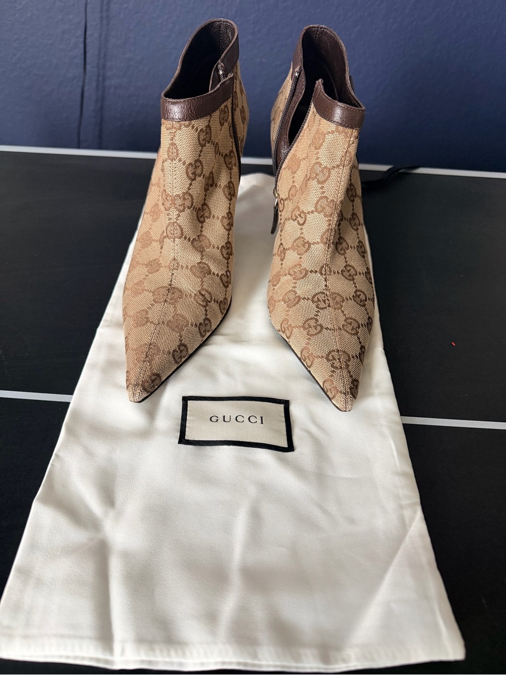 Gucci Brown GG Canvas Pointed Toe Ankle Booties